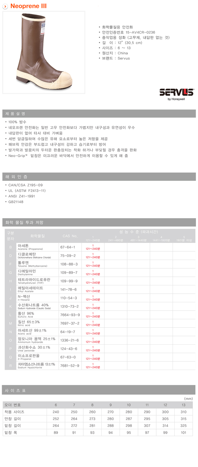 네오프렌 내화학장화